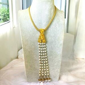 60s Lawrence Vrba Castlecliff Necklace Circa Faux Pearl Drop Tassels Gold Tone